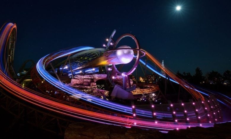 Stardust Racers at night inside Epic Universe at Universal Orlando Resort.
