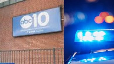 A split image showing the ABC 10 news station sign on a brick building (left) and the flashing blue lights of a police car at night (right).