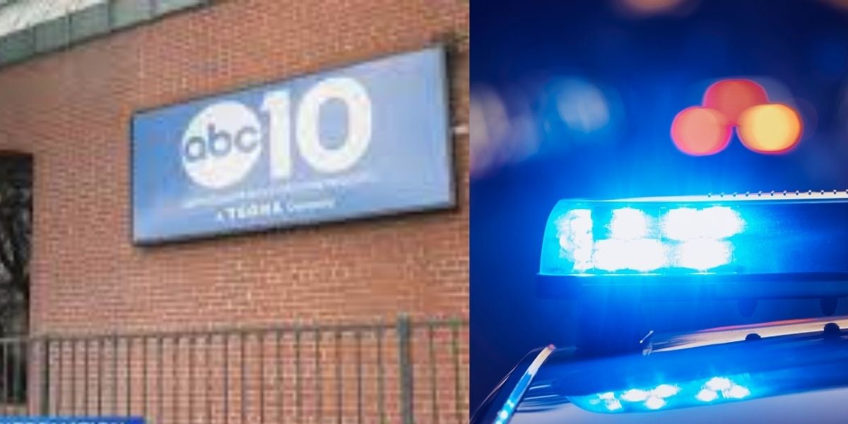 A split image showing the ABC 10 news station sign on a brick building (left) and the flashing blue lights of a police car at night (right).