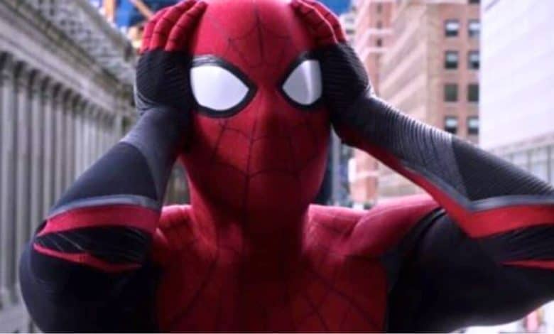 Spider-Man with his hands on his head at the end of 'Far From Home'