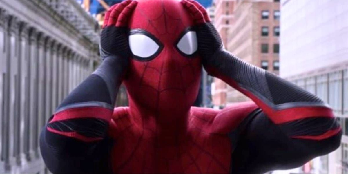Spider-Man with his hands on his head at the end of 'Far From Home'