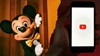 A split image shows Mickey Mouse peeking from behind a door on the left, and a hand holding a smartphone with the YouTube logo displayed on the screen on the right with Disney.