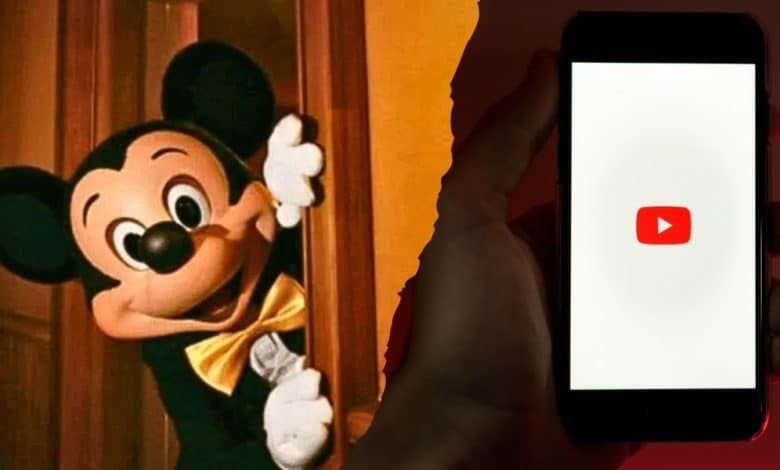 A split image shows Mickey Mouse peeking from behind a door on the left, and a hand holding a smartphone with the YouTube logo displayed on the screen on the right with Disney.