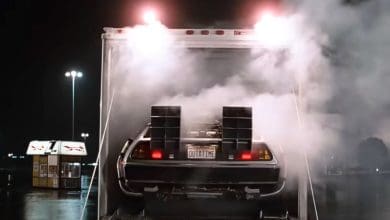 The DeLorean on the back of a truck in 'Back to the Future'