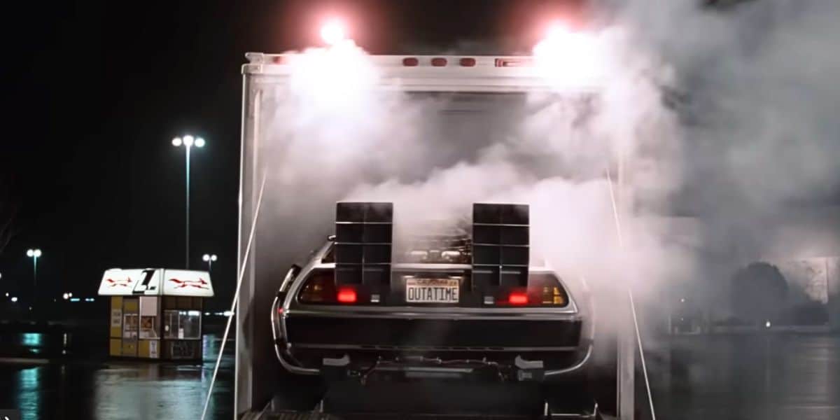 The DeLorean on the back of a truck in 'Back to the Future'