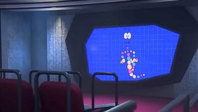 Mr DNA on the theater screen in "Jurassic Park: Survival"