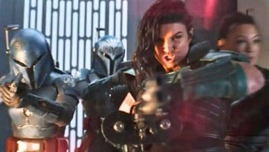 L to R: Koska Reeves (Sasha Banks), Bo-Katan Kryze (Katee Sackhoff), Cara Dune (Gina Carano), and Fennec Shand (Ming-Na Wen) firing weapons in 'The Mandalorian'
