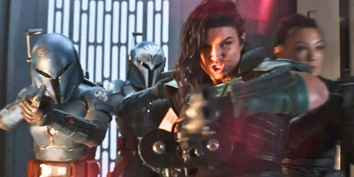 L to R: Koska Reeves (Sasha Banks), Bo-Katan Kryze (Katee Sackhoff), Cara Dune (Gina Carano), and Fennec Shand (Ming-Na Wen) firing weapons in 'The Mandalorian'