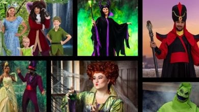 A collage of people in Disney costumes, dressed as iconic villains and heroes like Maleficent, Captain Hook, Jafar, Oogie Boogie, Hocus Pocus witch, plus characters from "The Princess and the Frog" and "Peter Pan.