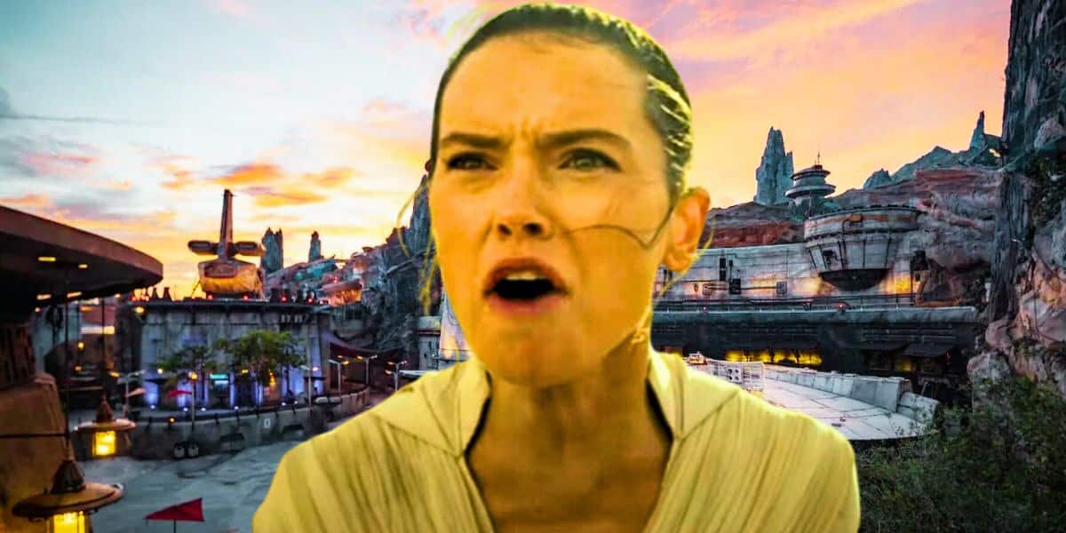 Rey (Daisy Ridley) screaming "Chewie!" in 'The Rise of Skywalker", with a picture of Galaxy's Edge in the background