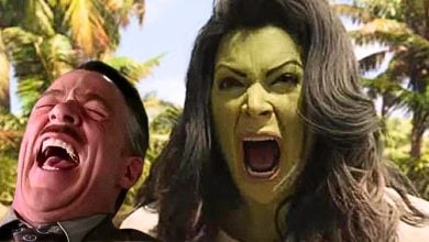 Split image: On the left, J Jonah Jameson (JK Simmons) laughing, on the left, She-Hulk (Tatiana Maslany) screaming