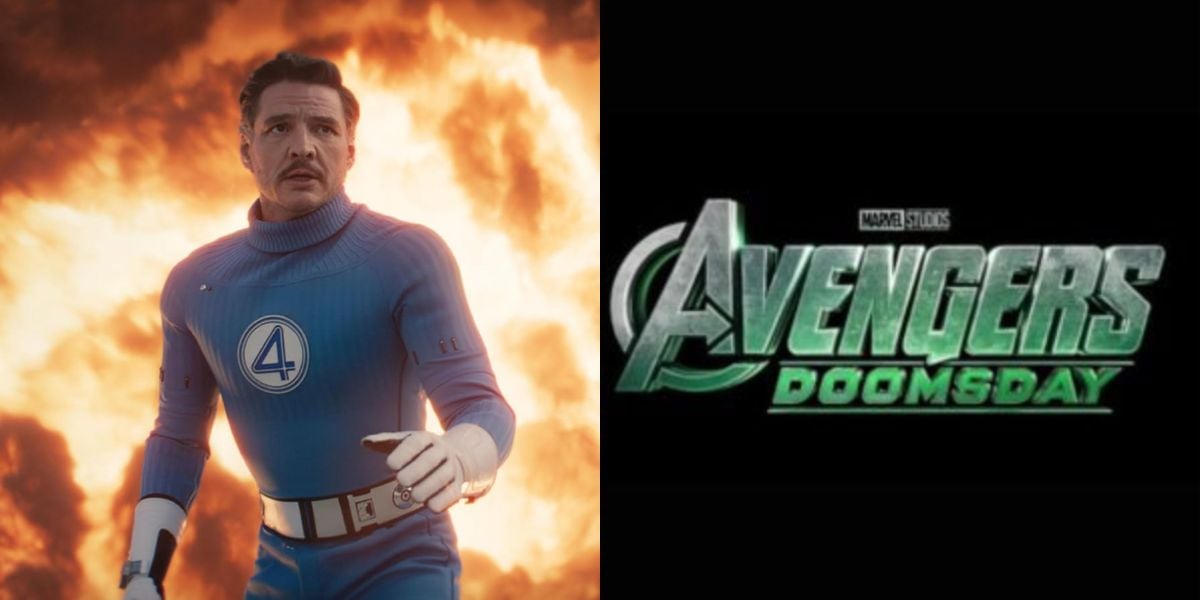 On the left, a man in a blue Fantastic Four suit stands in front of fiery flames. On the right, a black background displays the "Marvel Studios Avengers: Doomsday" logo in metallic green letters.
