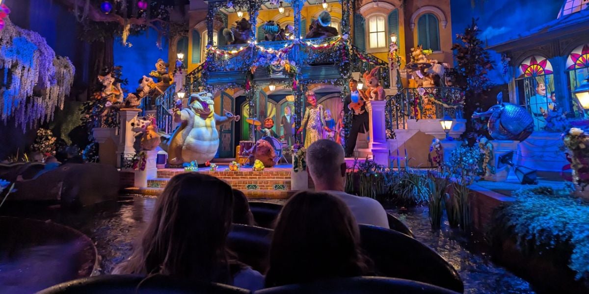 People on the finale of Tiana's Bayou Adventure.