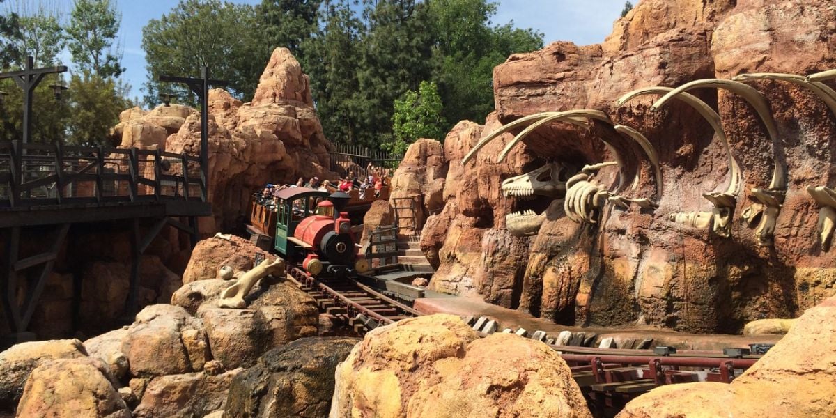 Passengers on Big Thunder Mountain Railroad at Disneyland Park.