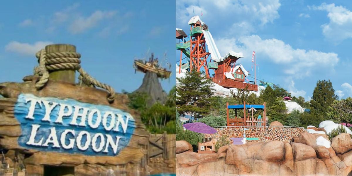 A split image shows a wooden Typhoon Lagoon sign with rope on the left and a snowy-themed water park slide with a red and white building on a rocky hill on the right, both under a blue sky.