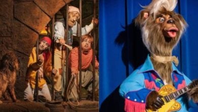 On the left, three animatronic pirates and a dog sit in a stone jail cell. On the right, an animatronic bear with a guitar and blue shirt performs onstage against a blue curtain.