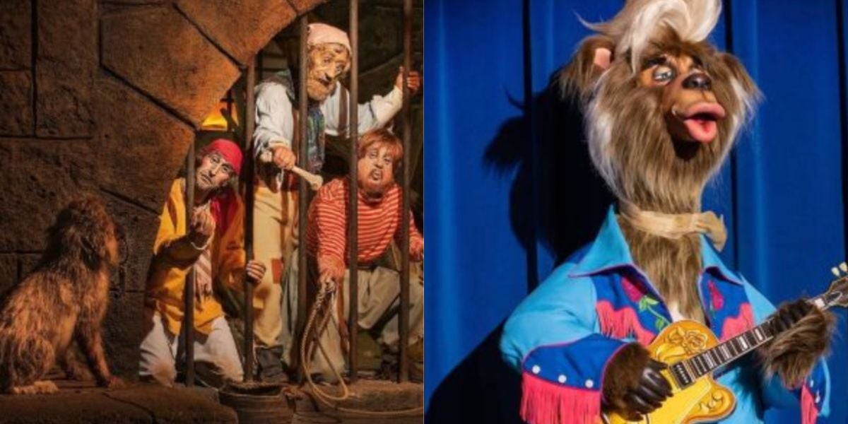 On the left, three animatronic pirates and a dog sit in a stone jail cell. On the right, an animatronic bear with a guitar and blue shirt performs onstage against a blue curtain.
