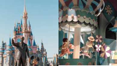 Split image: left side shows Cinderella Castle at Disney World with the Walt Disney and Mickey Mouse statue in front; right side shows animatronic dolls and decorations from the "It's a Small World" ride.