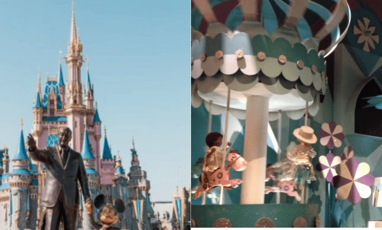 Split image: left side shows Cinderella Castle at Disney World with the Walt Disney and Mickey Mouse statue in front; right side shows animatronic dolls and decorations from the "It's a Small World" ride.