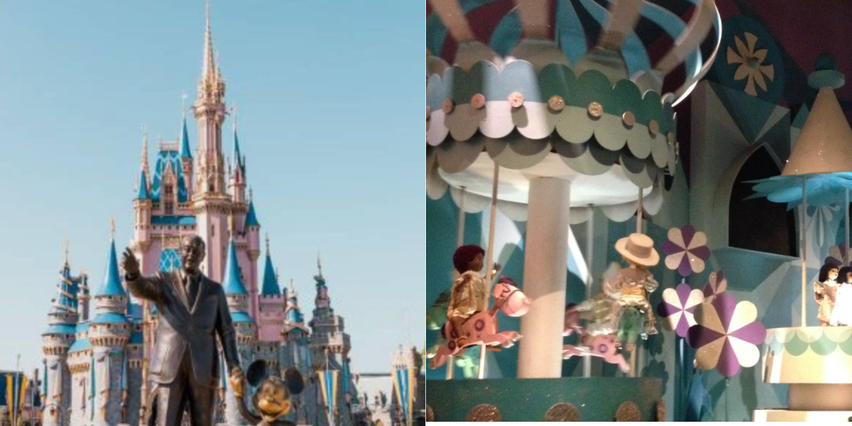 Split image: left side shows Cinderella Castle at Disney World with the Walt Disney and Mickey Mouse statue in front; right side shows animatronic dolls and decorations from the "It's a Small World" ride.