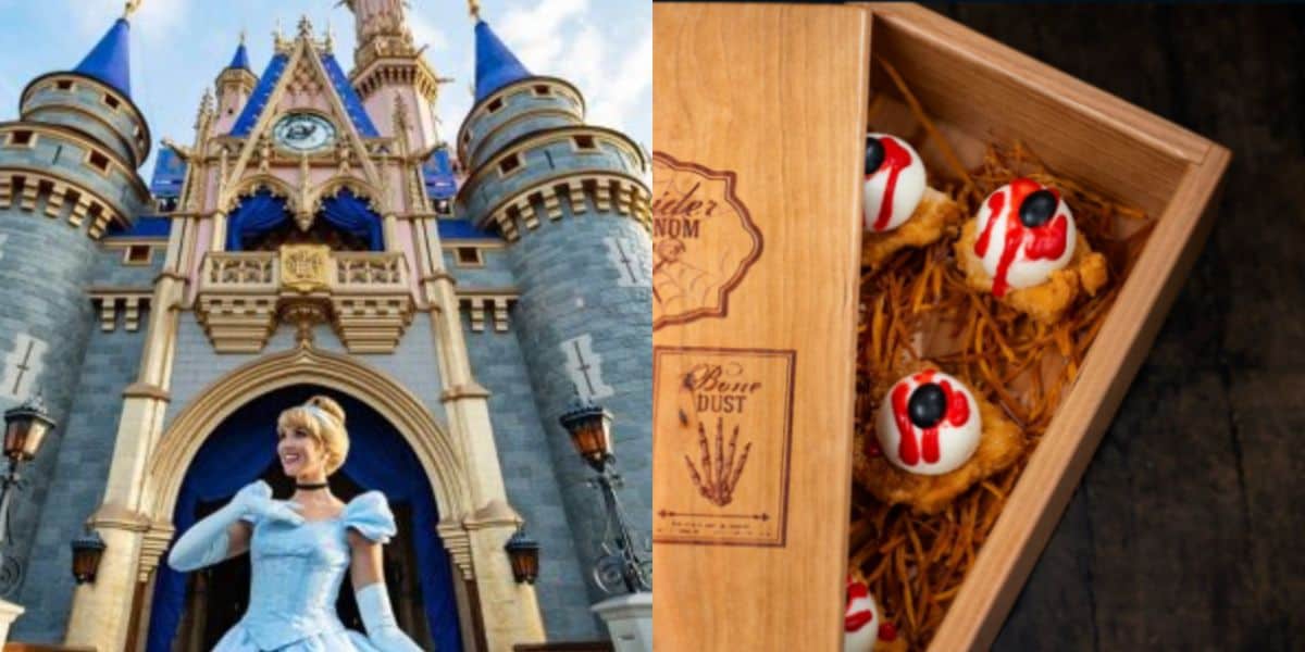 A split image: on the left, a person dressed as Cinderella stands in front of a castle; on the right, a wooden box contains eyeball-shaped desserts with red icing resembling blood.