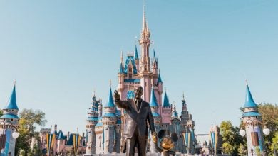 A bronze statue of Walt Disney and Mickey Mouse stands in front of the pink and blue Cinderella Castle at Walt Disney World, surrounded by trees and a clear blue sky.