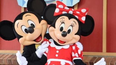Mickey Mouse and Minnie Mouse posing for a picture