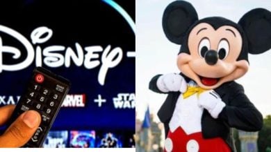 A hand holds a TV remote in front of a Disney+ logo on a screen, while next to it, Mickey Mouse poses cheerfully outdoors at a Disney park.
