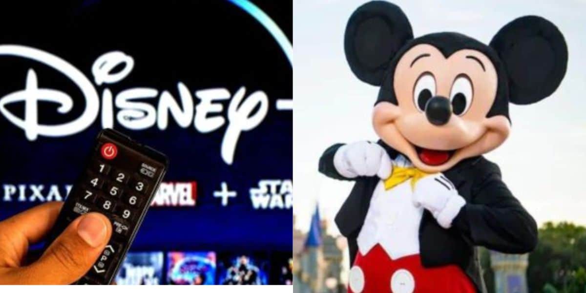 A hand holds a TV remote in front of a Disney+ logo on a screen, while next to it, Mickey Mouse poses cheerfully outdoors at a Disney park.