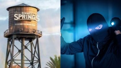 Split image: Left side shows a Disney Springs water tower; right side shows a masked person in black clothing, holding a flashlight, appearing to sneak or commit a theft in a dimly lit, Disney-themed area.