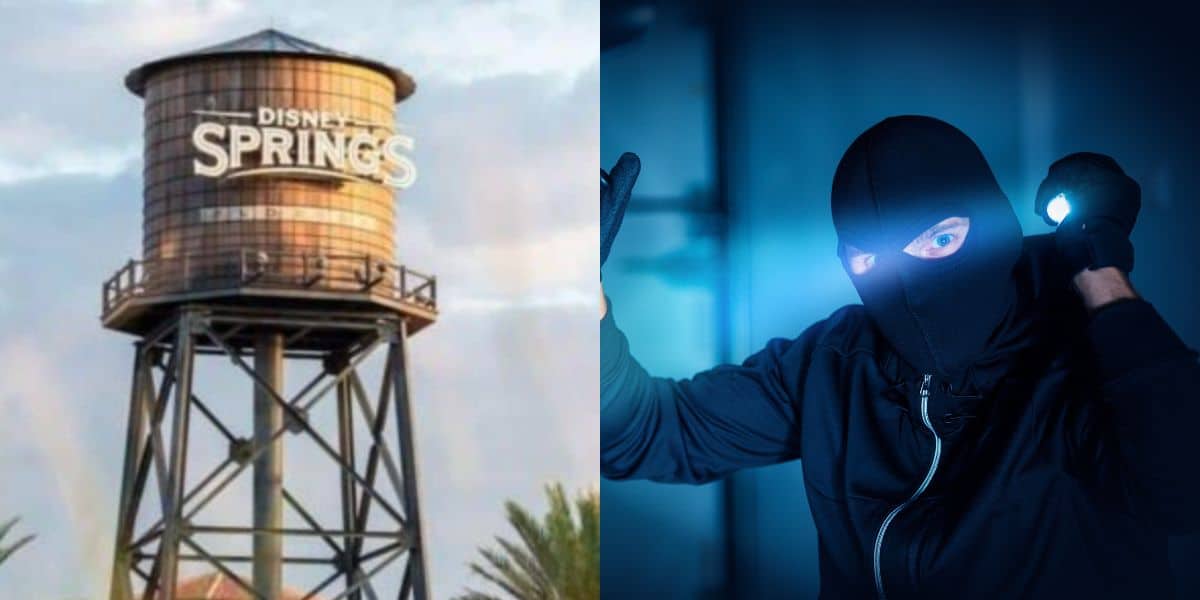 Split image: Left side shows a Disney Springs water tower; right side shows a masked person in black clothing, holding a flashlight, appearing to sneak or commit a theft in a dimly lit, Disney-themed area.