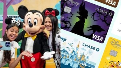 Two smiling people take a selfie with Mickey Mouse at a theme park; next to them are various Disney-themed Visa credit cards featuring characters and park illustrations.