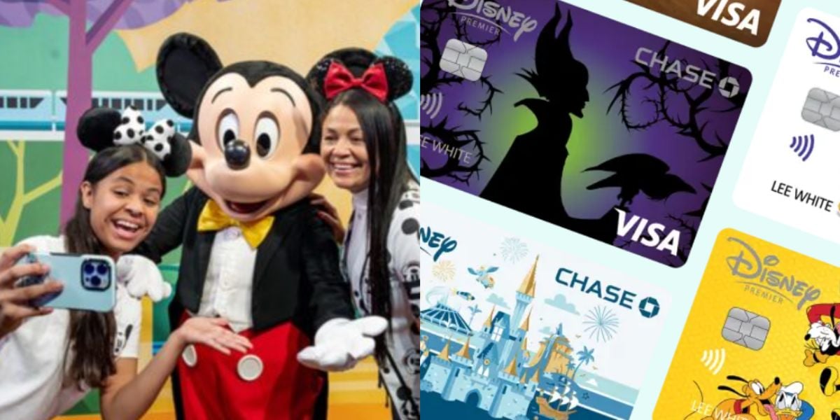 Two smiling people take a selfie with Mickey Mouse at a theme park; next to them are various Disney-themed Visa credit cards featuring characters and park illustrations.