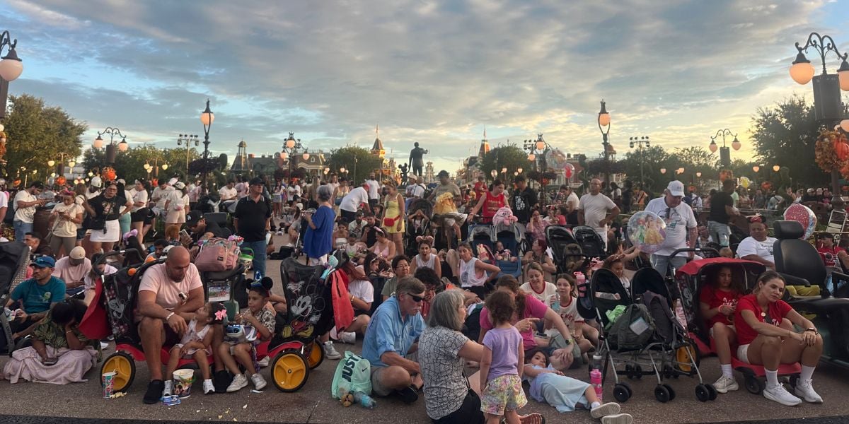 A large crowd of people, including families with children and strollers, sits and waits outdoors at an amusement park under a cloudy sky, with lampposts and trees in the background.