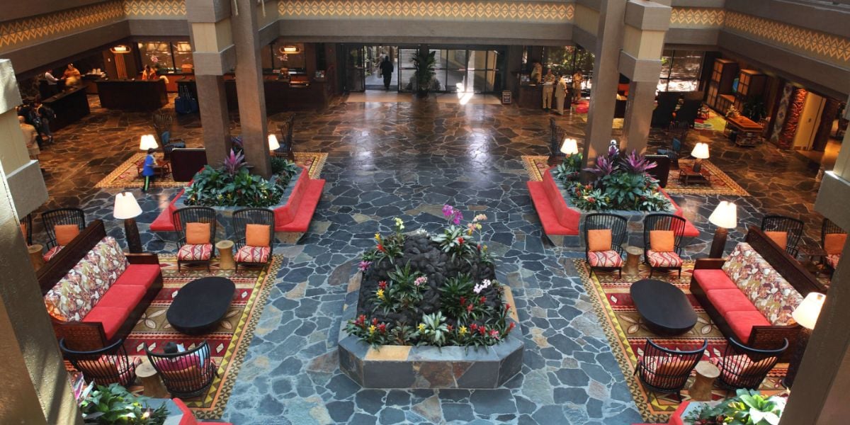 The lobby at Disney's Polynesian Village Resort as seen from above.