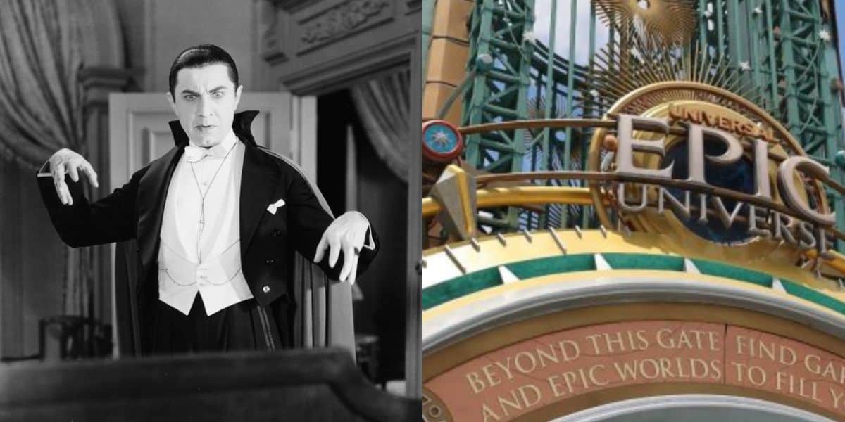 Black-and-white photo of a man dressed as a classic vampire next to a color image of the Universal Epic Universe theme park entrance sign.