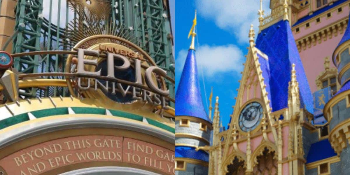 A split image showing the Universal Epic Universe entrance sign on the left and a close-up of Cinderella Castle’s blue and gold towers at Disney on the right.