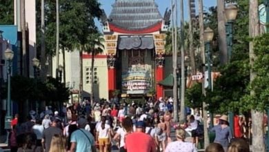 Crowds walking in front of the Chinese Theatre at Disney's Hollywood Studios.