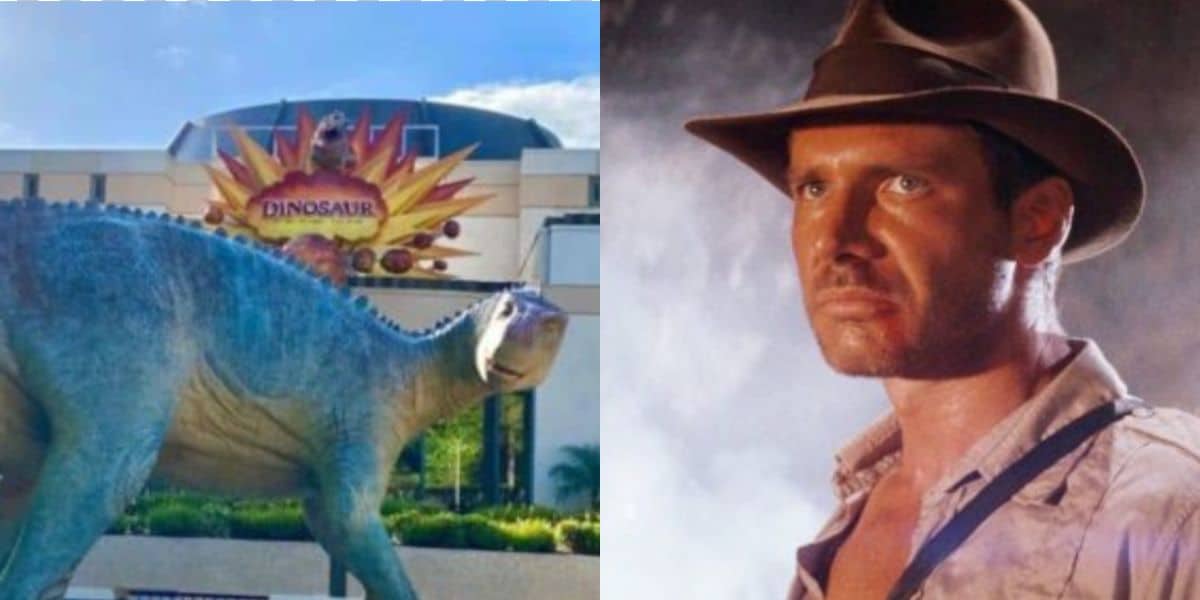 Left: A large dinosaur statue in front of a building with a "DINOSAUR" sign. Right: A man in a brown hat and shirt, looking serious, with a blue sky background.