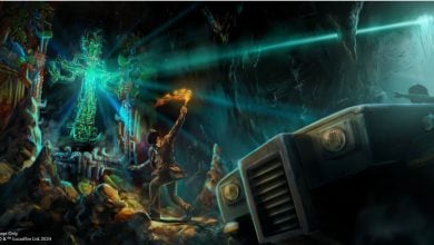 concept art of scene from new Indiana Jones ride in Animal Kingdom's Tropical America's area