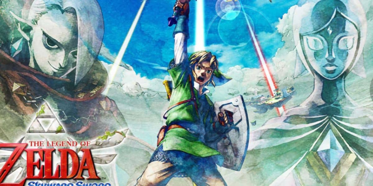Illustration of Link raising a glowing sword skyward, flanked by two mystical figures on a lost continent, with airborne ships in a vibrant, cloudy sky. "The Legend of Zelda: Skyward Sword" logo appears in the lower left.