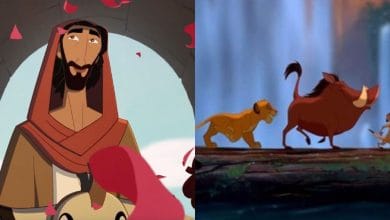 Split image: On the left, an animated man with a beard and hood, surrounded by flower petals. On the right, three animated animals (a lion cub, a warthog, and a meerkat) walk in a line against a blurry blue background.