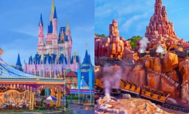 A split image shows a colorful carousel and a pink castle on the left, and a rugged, red mountain with a roller coaster train on the right, both in a vibrant amusement park setting.
