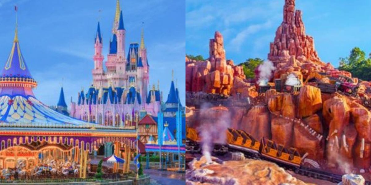 A split image shows a colorful carousel and a pink castle on the left, and a rugged, red mountain with a roller coaster train on the right, both in a vibrant amusement park setting.