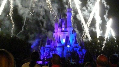 People watching fireworks over Cinderella Castle at Magic Kingdom Park.