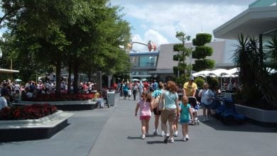 A walkway near Cosmic Ray's Starlight Cafe in Tomorrowland at Magic Kingdom Park.
