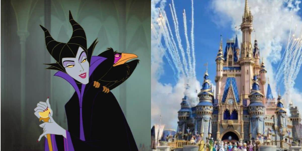 Split image: On the left, Maleficent, an animated villain with horns and a raven, stands in a dark castle. On the right, Cinderella Castle at Disney World with fireworks and people gathered in front.