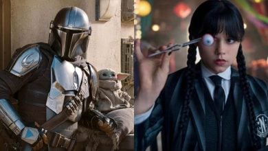 Split image: On the left, the Mandalorian in star wars armor sits with Grogu (Baby Yoda). On the right, Wednesday Addams in black attire holds up a fake eyeball in a colorful room.