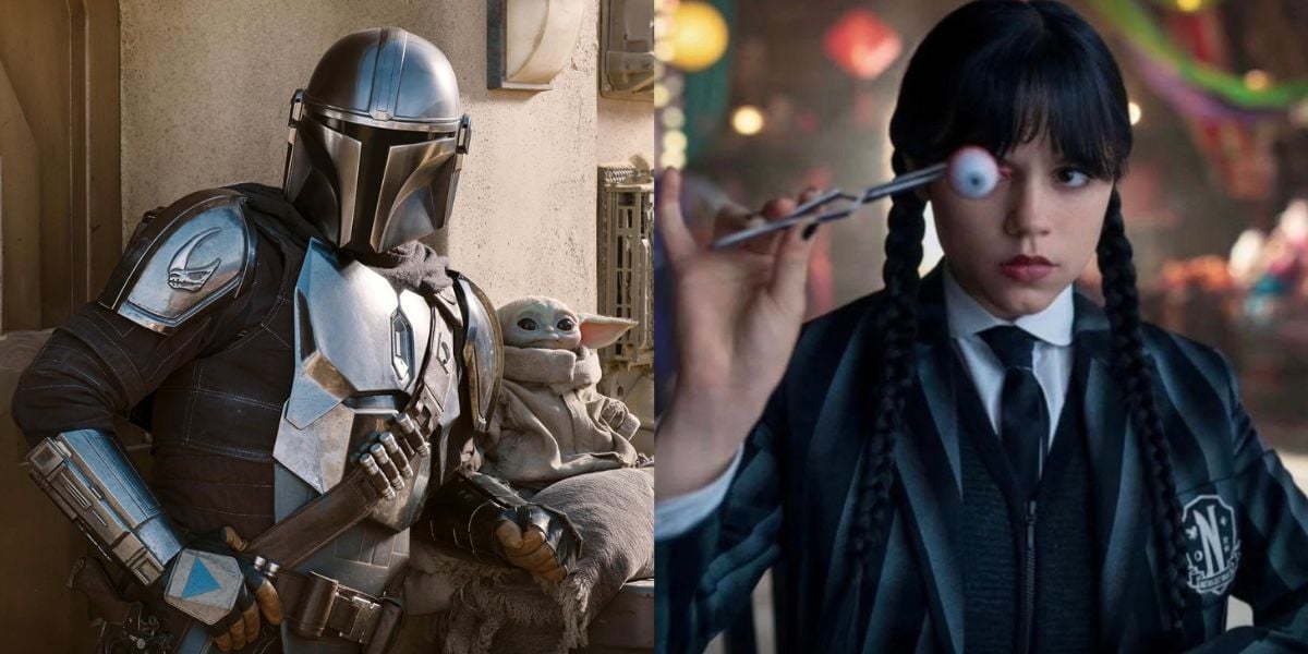 Split image: On the left, the Mandalorian in star wars armor sits with Grogu (Baby Yoda). On the right, Wednesday Addams in black attire holds up a fake eyeball in a colorful room.