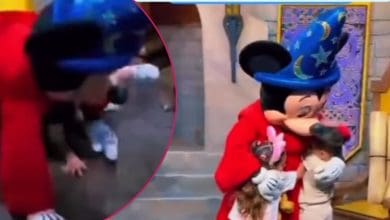 Two screenshots from a video of a child pulling a character performer dressed as Mickey Mouse at Disney World to the ground.